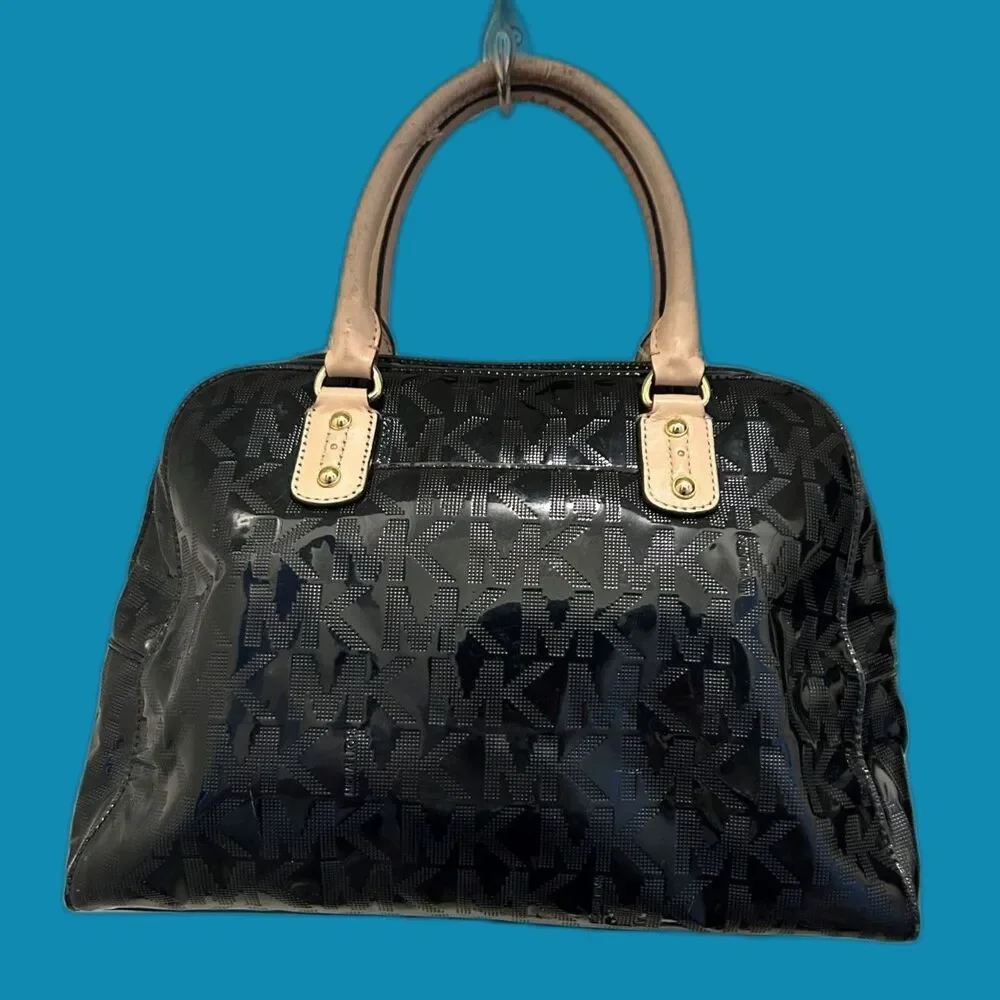 MICHAEL Michael Kors Black Signature Patent Leather Satchel with Gold MK Charm